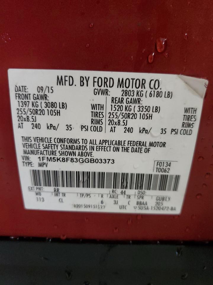 2016 Ford Explorer VIN 1FM5K8F83GGB03373 Copart auction photo, rear end / front end damage thumbnail 13