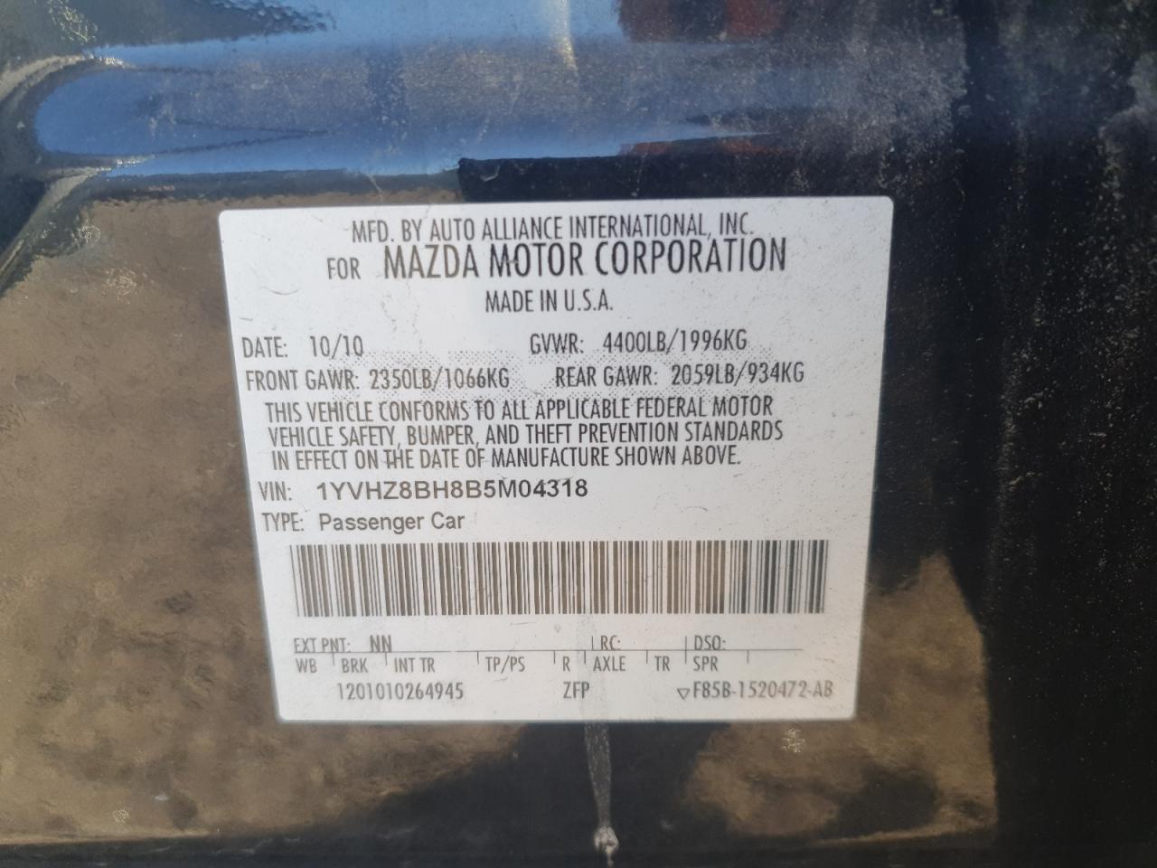 2011 Mazda 6 VIN 1YVHZ8BH8B5M04318 Copart auction photo, front end damage thumbnail 12