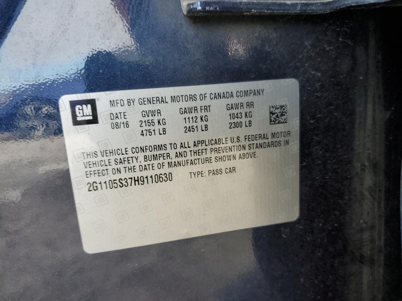 2017 Chevrolet Impala VIN 2G1105S37H9110630 Copart auction photo, all over damage thumbnail 14