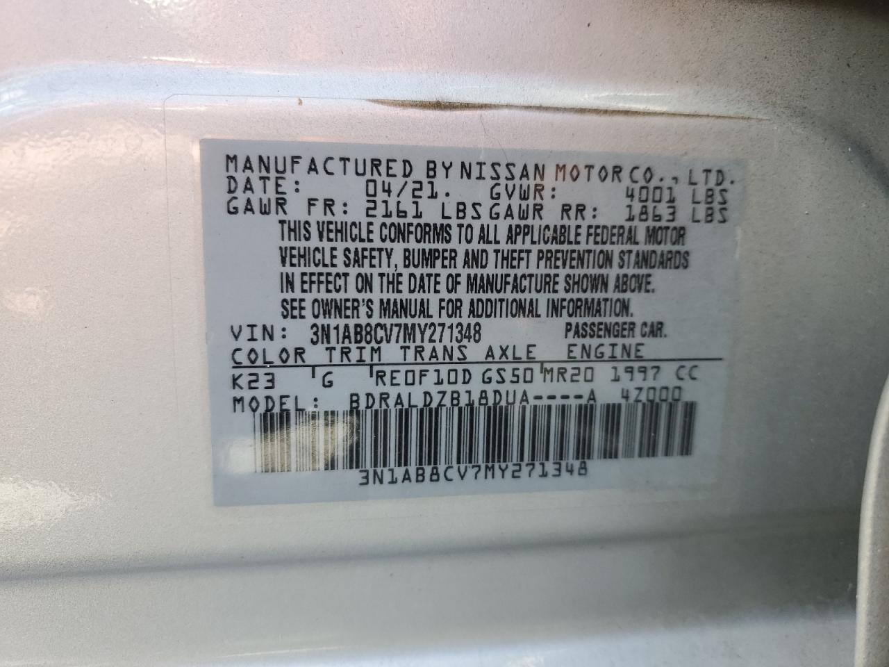2021 Nissan Sentra VIN 3N1AB8CV7MY271348 Copart auction photo, front end / undercarriage damage thumbnail 12