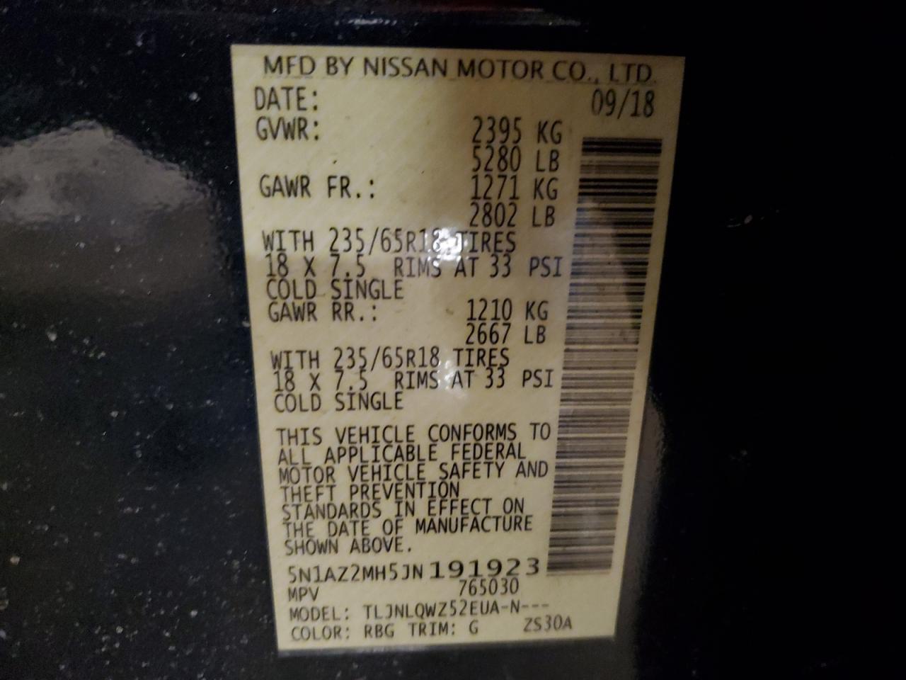 2018 Nissan Murano VIN 5N1AZ2MH5JN191923 Copart auction photo, rear end / side damage thumbnail 13