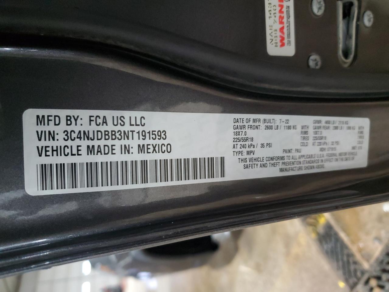 2022 Jeep Compass VIN 3C4NJDBB3NT191593 Copart auction photo, hail / all over damage thumbnail 12
