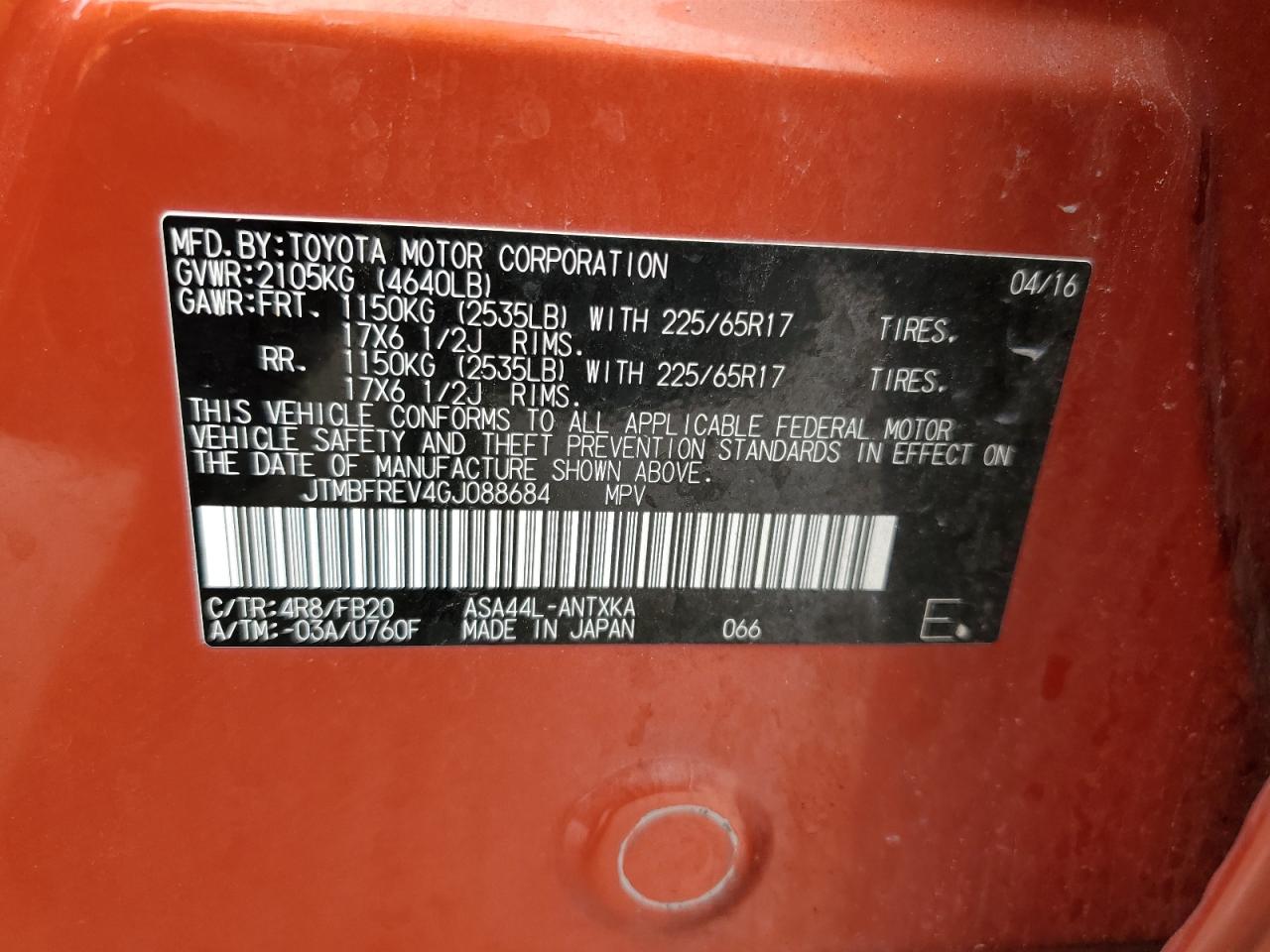 2016 Toyota RAV 4 VIN JTMBFREV4GJ088684 Copart auction photo, rear end / minor dent/scratches damage thumbnail 13