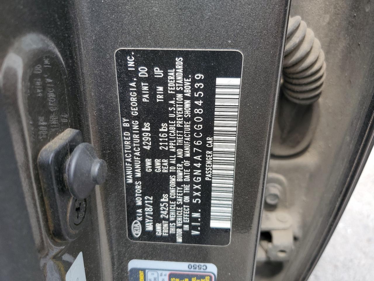 2012 KIA Optima VIN 5XXGN4A76CG084539 Copart auction photo, side damage thumbnail 12