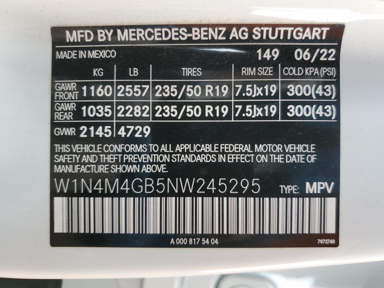 2022 Mercedes-Benz GLB VIN W1N4M4GB5NW245295 Copart auction photo, rear end damage thumbnail 13