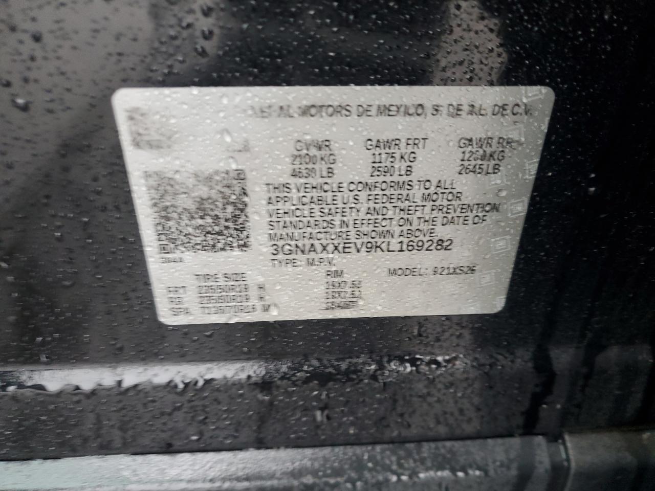 2019 Chevrolet Equinox VIN 3GNAXXEV9KL169282 Copart auction photo, front end / minor dent/scratches damage thumbnail 15