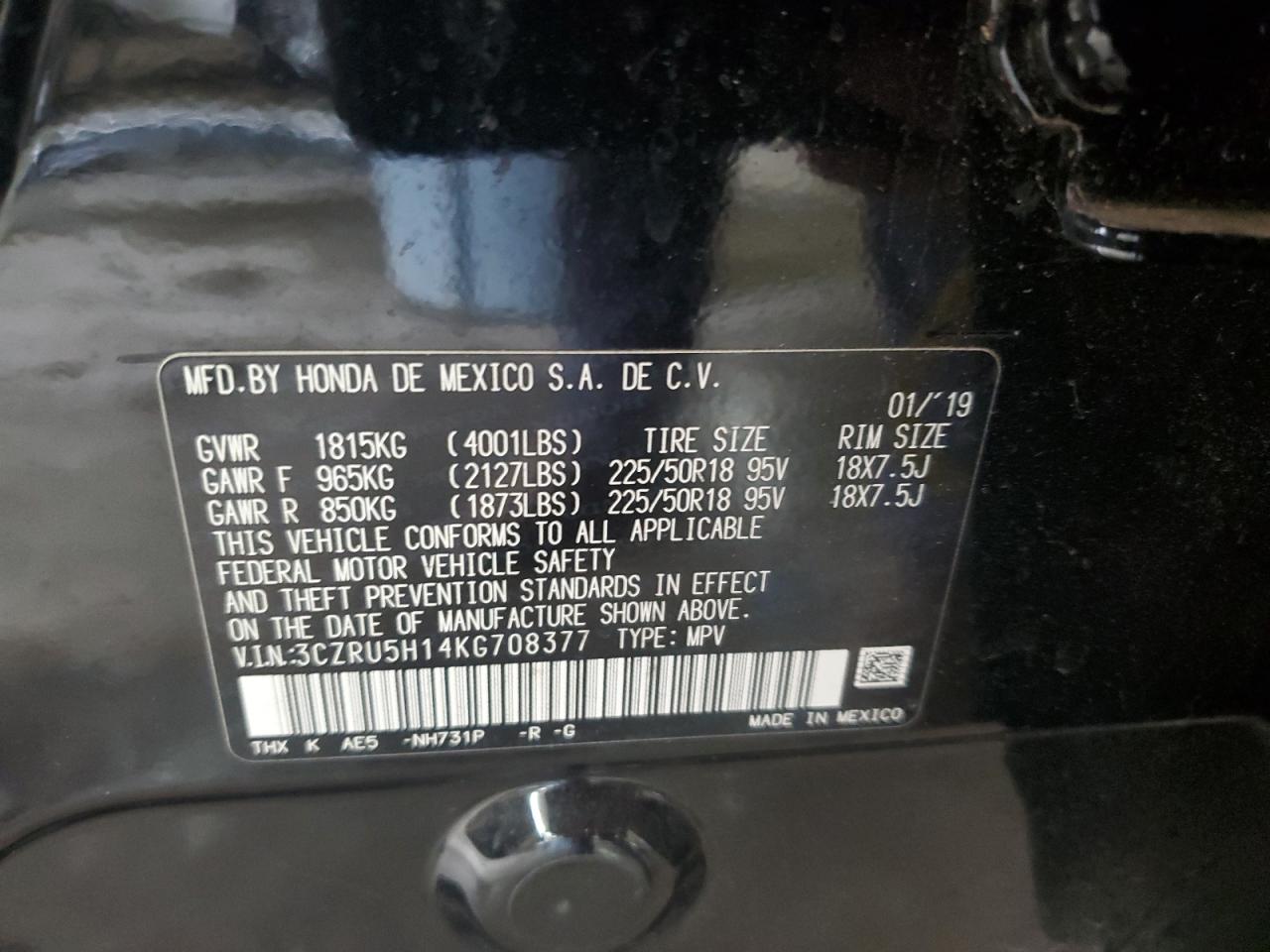 2019 Honda HR-V VIN 3CZRU5H14KG708377 Copart auction photo, side / minor dent/scratches damage thumbnail 13