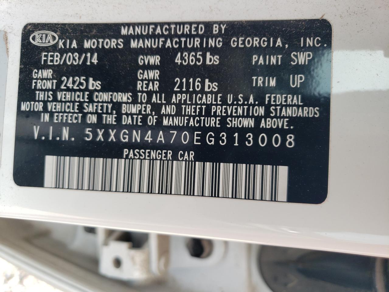 2014 KIA Optima VIN 5XXGN4A70EG313008 Copart auction photo, front end / side damage thumbnail 12