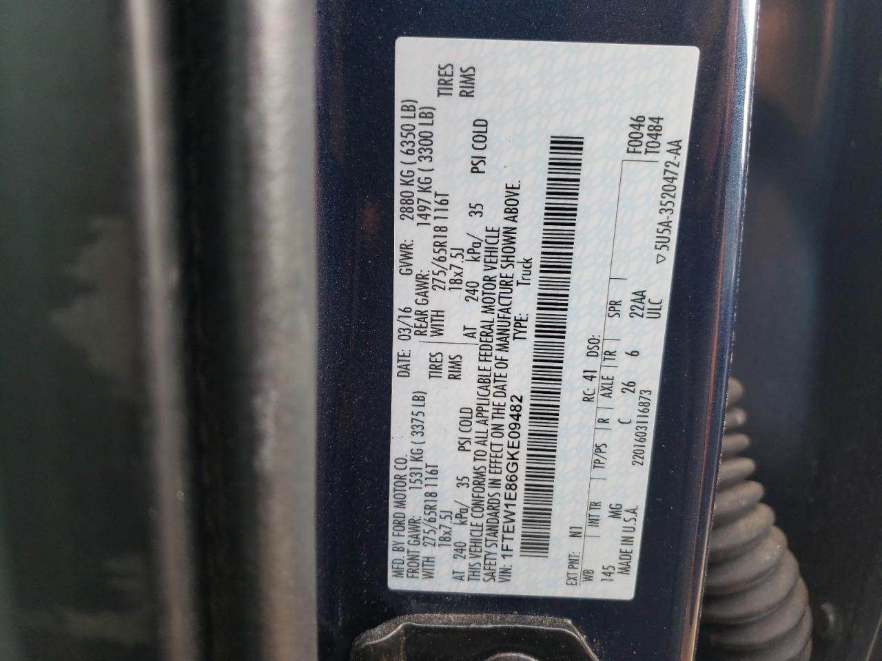 2016 Ford F-150 VIN 1FTEW1E86GKE09482 Copart auction photo, front end / side damage thumbnail 12