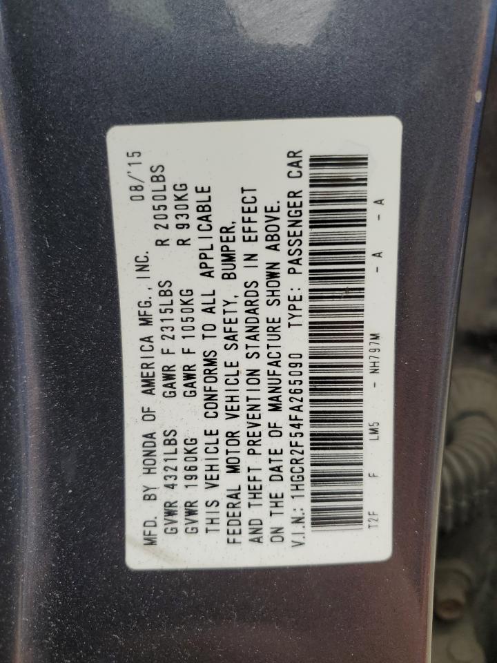 2015 Honda Accord VIN 1HGCR2F54FA265090 Copart auction photo, front end / rear end damage thumbnail 12