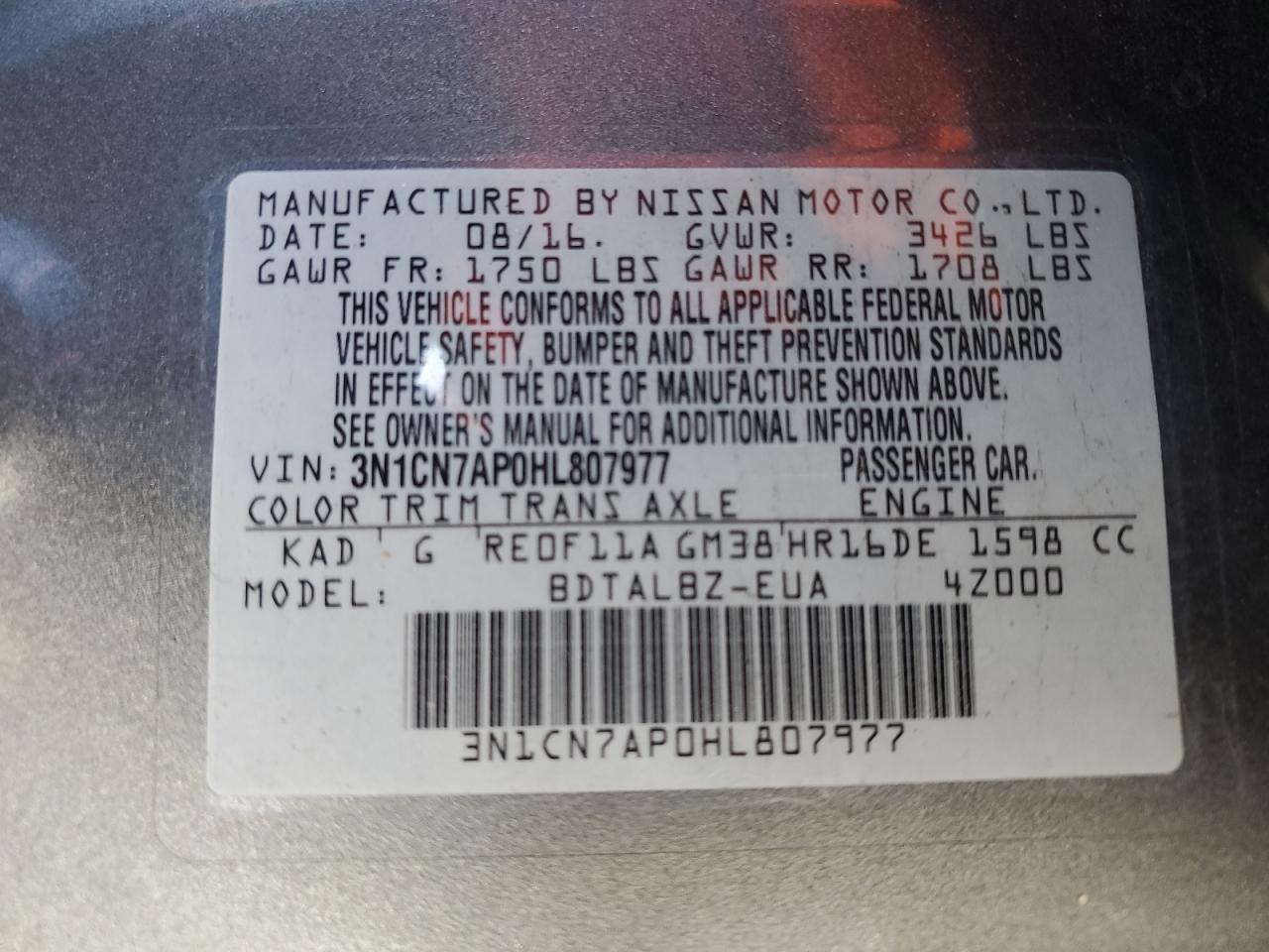 2017 Nissan Versa VIN 3N1CN7AP0HL807977 Copart auction photo, mechanical / front end damage thumbnail 12