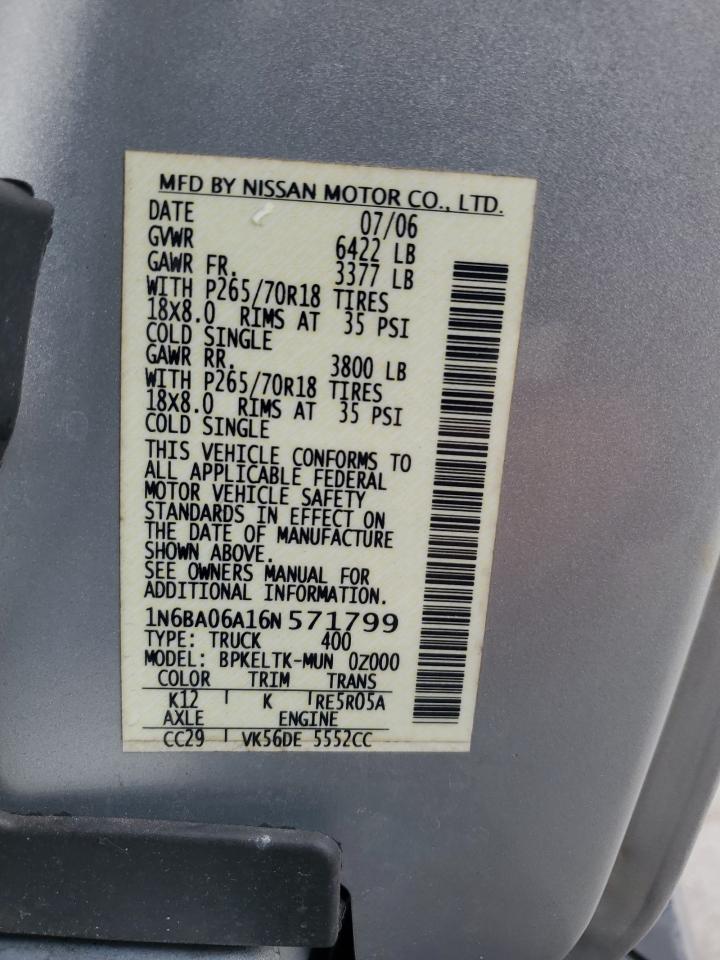2006 Nissan Titan VIN 1N6BA06A16N571799 Copart auction photo, side / rear end damage thumbnail 12