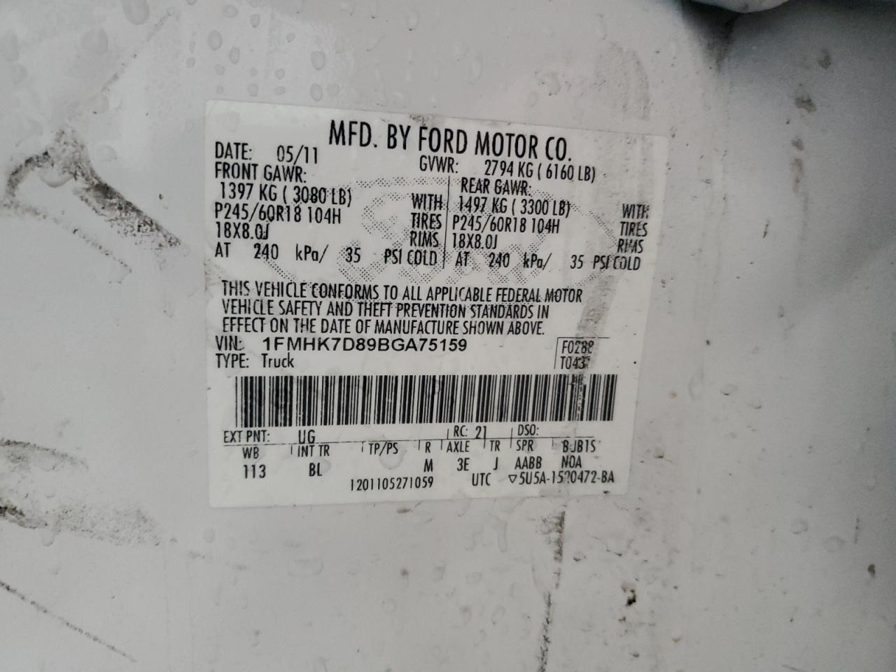 2011 Ford Explorer VIN 1FMHK7D89BGA75159 Copart auction photo, side / front end damage thumbnail 15