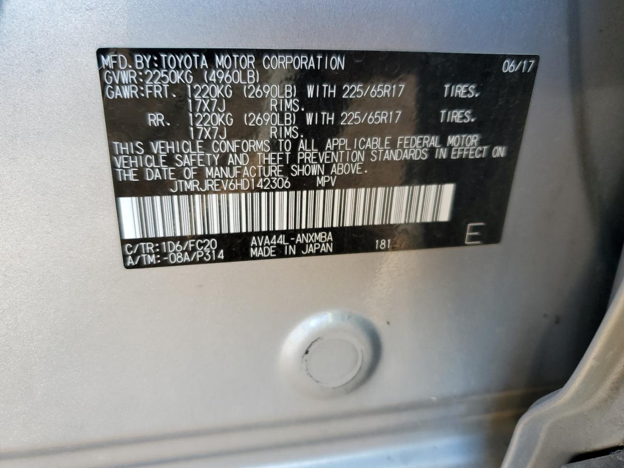 2017 Toyota RAV 4 VIN JTMRJREV6HD142306 Copart auction photo, side / rear end damage thumbnail 13