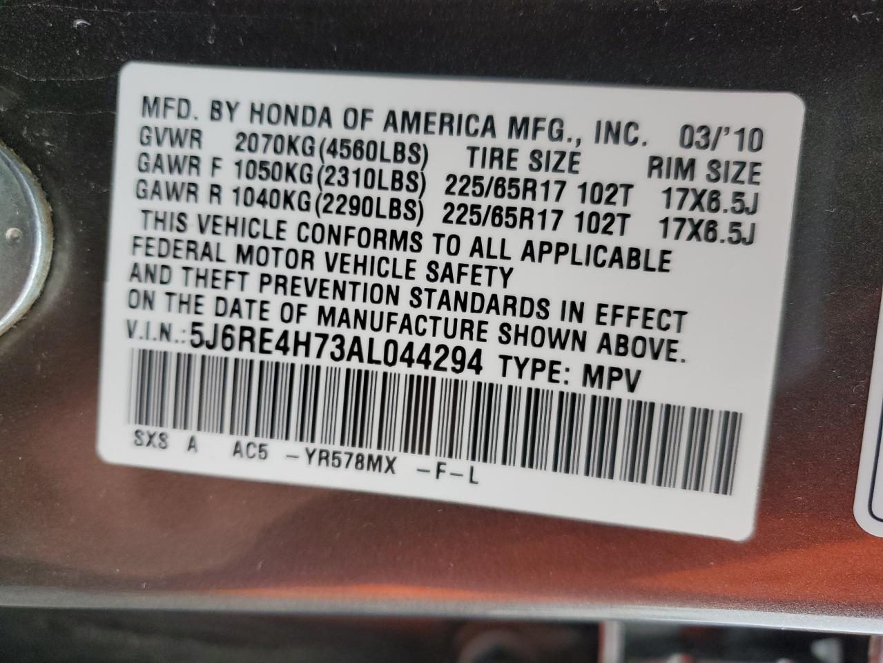 2010 Honda CR-V VIN 5J6RE4H73AL044294 Copart auction photo, front end / side damage thumbnail 15
