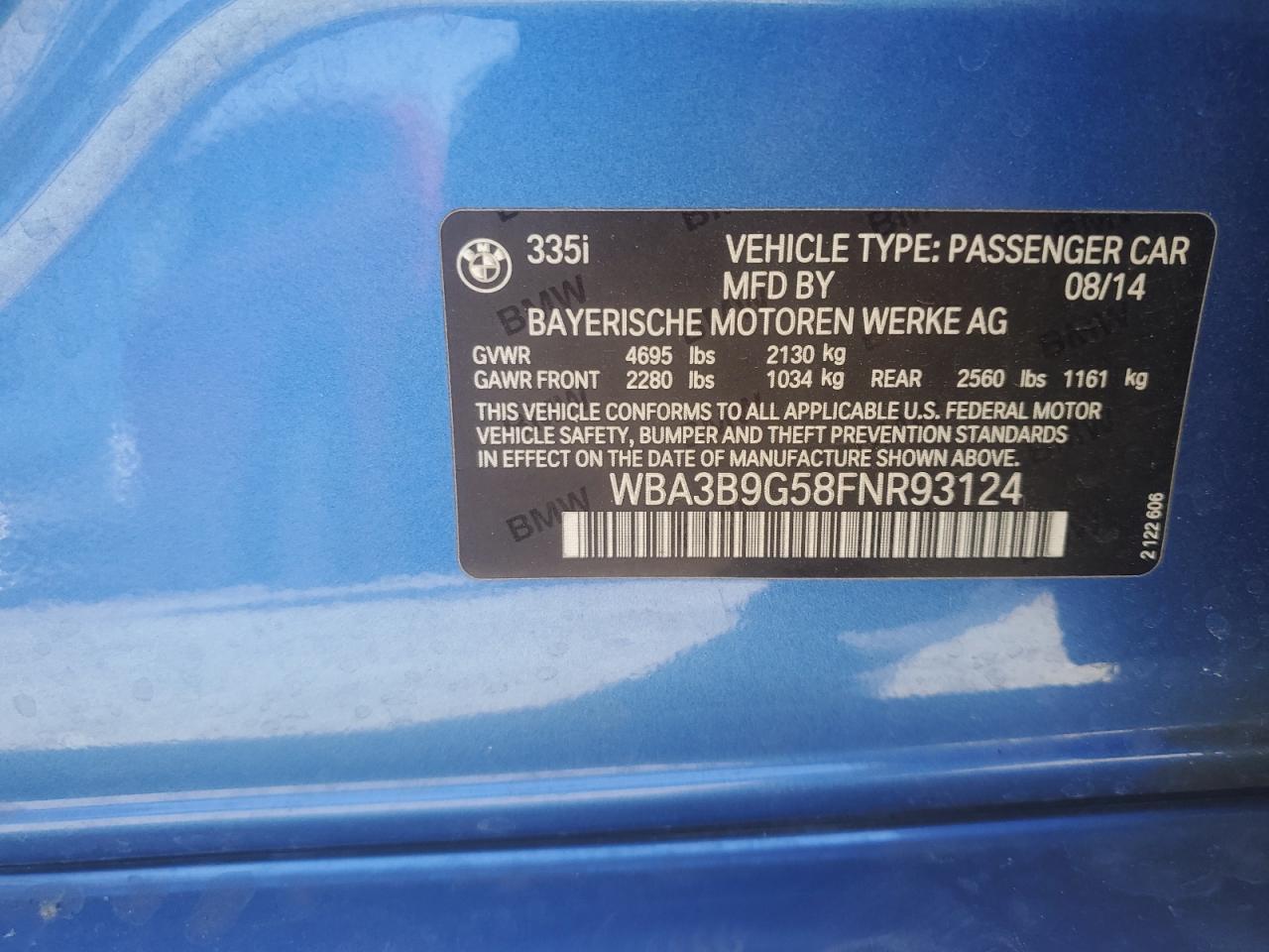 2015 BMW 3er VIN WBA3B9G58FNR93124 Copart auction photo, front end / rear end damage thumbnail 14