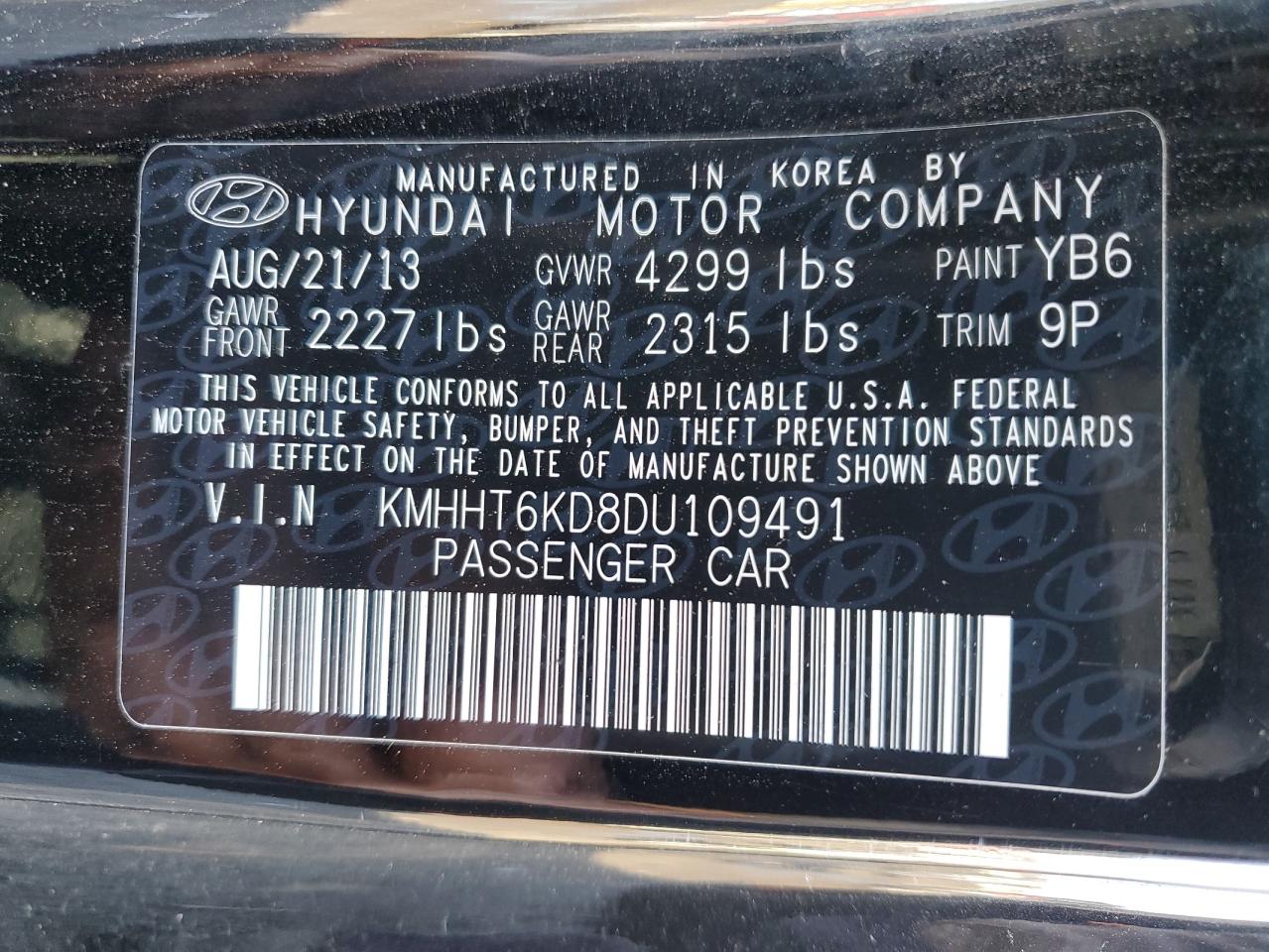 2013 Hyundai Genesis VIN KMHHT6KD8DU109491 Copart auction photo, rear end / minor dent/scratches damage thumbnail 12