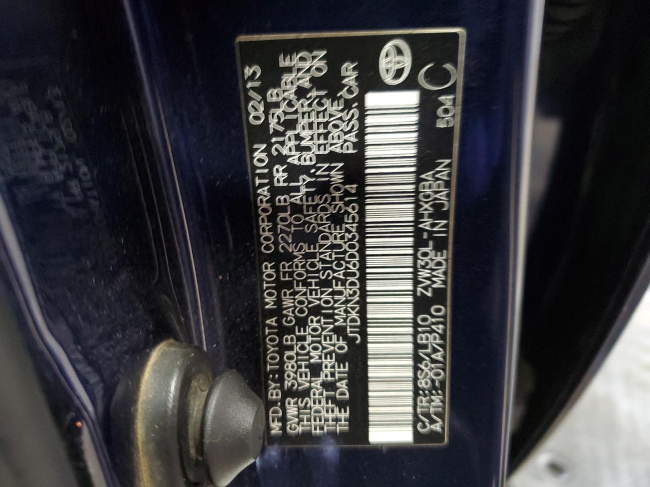 2013 Toyota Prius VIN JTDKN3DU6D0345614 Copart auction photo, front end damage thumbnail 13