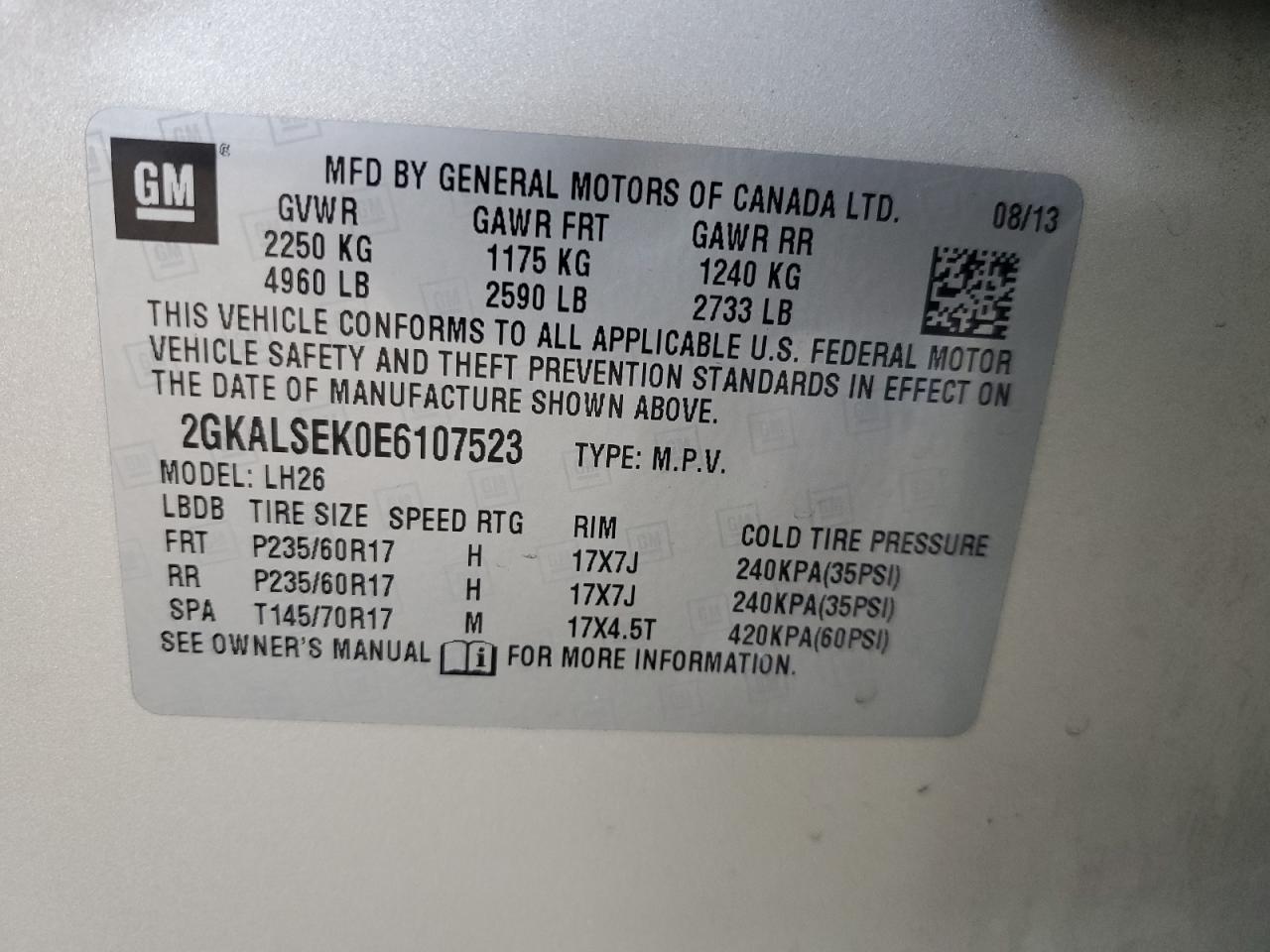 2014 GMC Terrain VIN 2GKALSEK0E6107523 Copart auction photo, rear end damage thumbnail 12