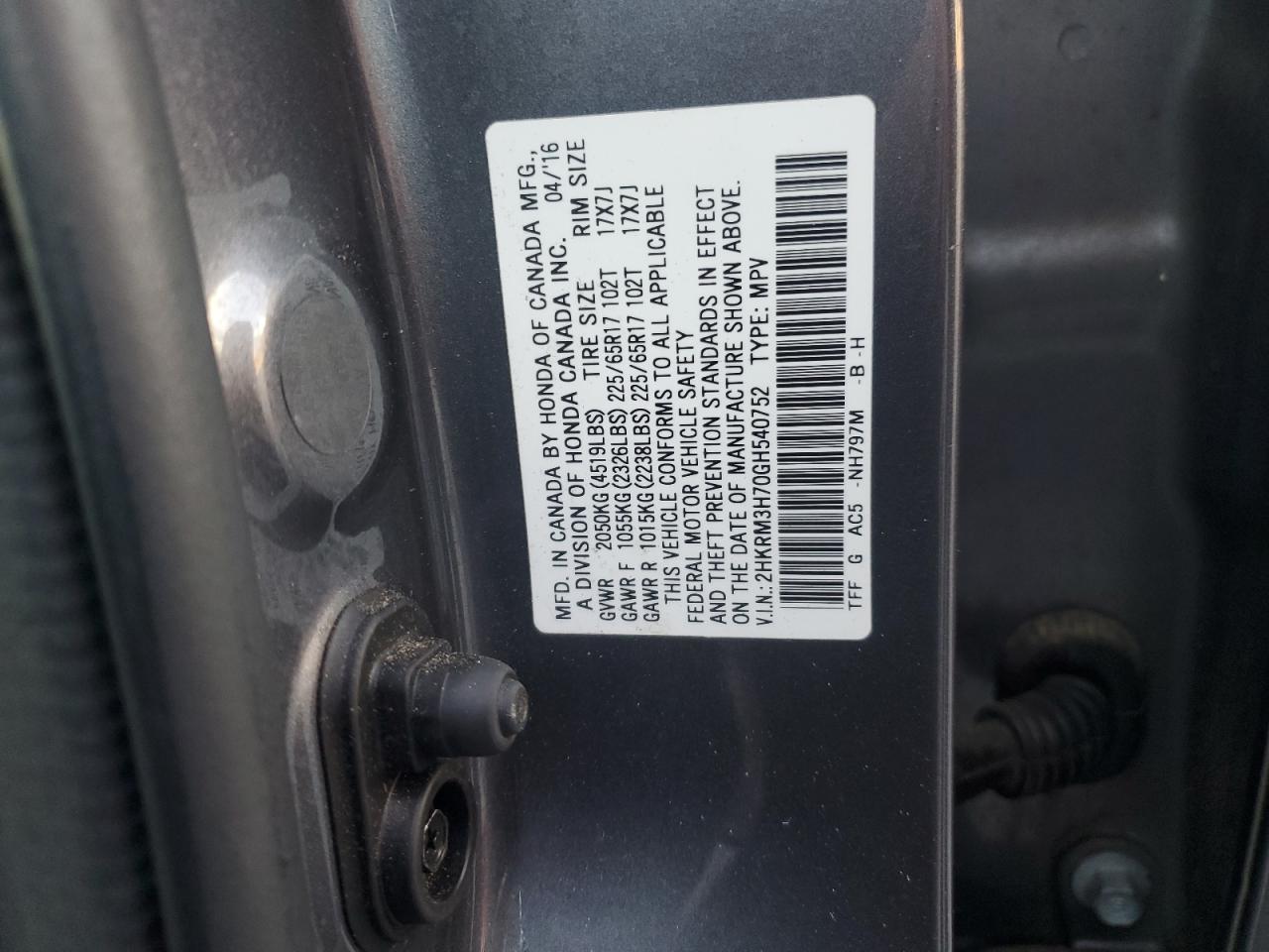 2016 Honda CR-V VIN 2HKRM3H70GH540752 Copart auction photo, front end / minor dent/scratches damage thumbnail 12