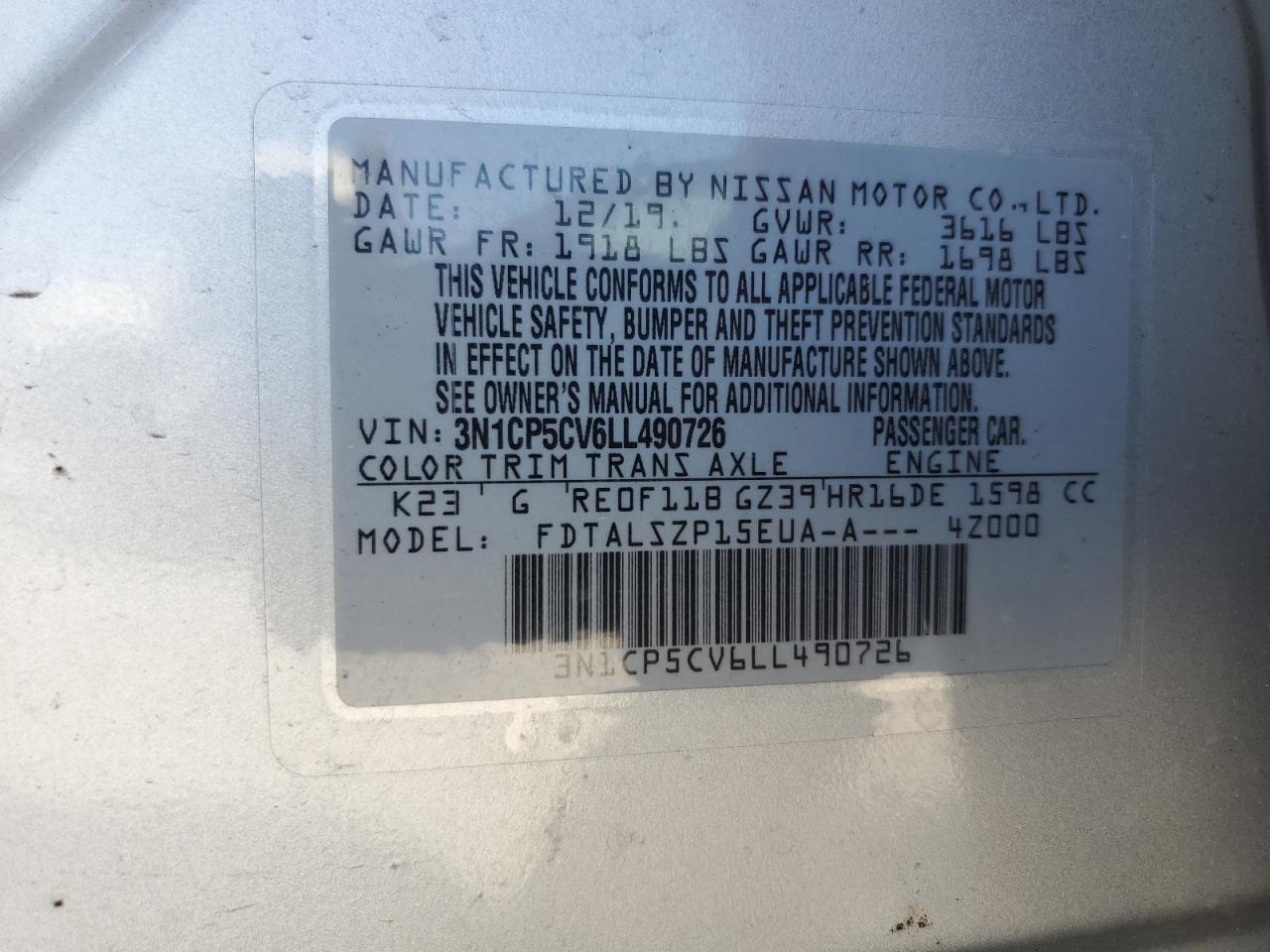 2020 Nissan Kicks VIN 3N1CP5CV6LL490726 Copart auction photo, front end / side damage thumbnail 15