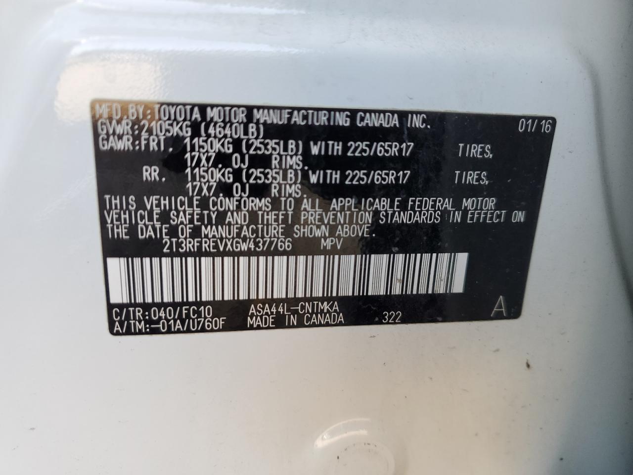 2016 Toyota RAV 4 VIN 2T3RFREVXGW437766 Copart auction photo, front end / side damage thumbnail 13