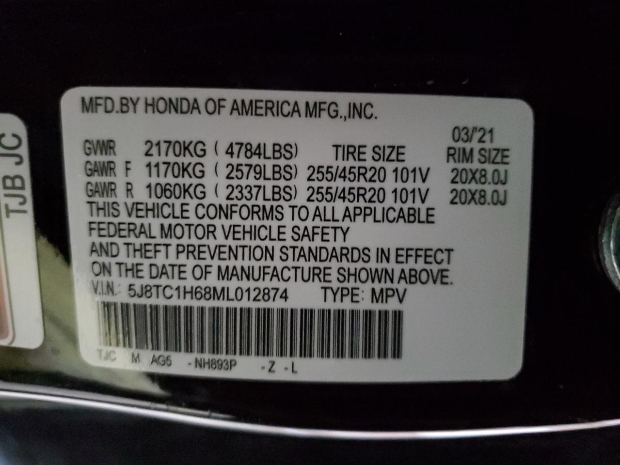 2021 Acura RDX VIN 5J8TC1H68ML012874 Copart auction photo, front end / minor dent/scratches damage thumbnail 14