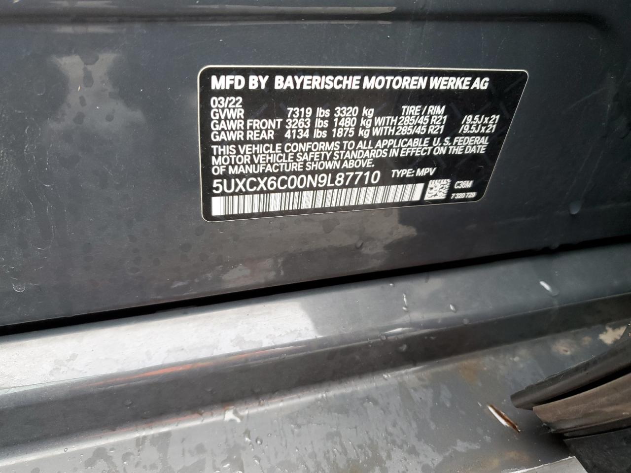 2022 BMW X7 VIN 5UXCX6C00N9L87710 Copart auction photo, rear end / side damage thumbnail 16