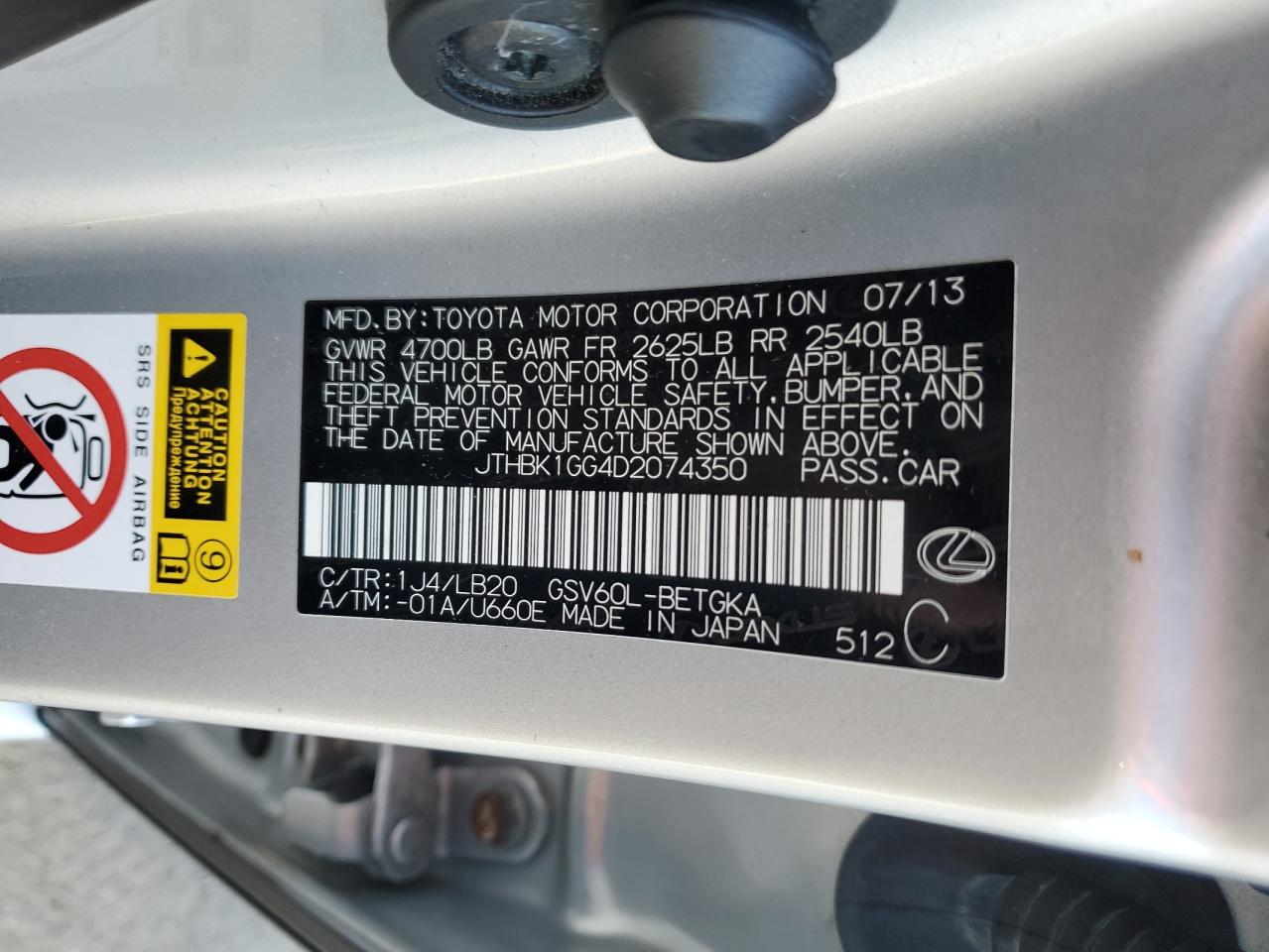 2013 Lexus ES VIN JTHBK1GG4D2074350 Copart auction photo, front end damage thumbnail 12