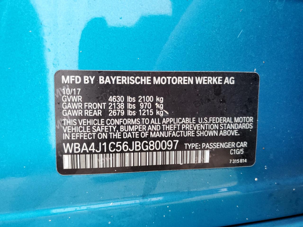 2018 BMW 4er VIN WBA4J1C56JBG80097 Copart auction photo, water/flood damage thumbnail 12