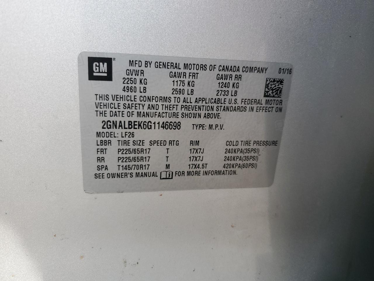 2016 Chevrolet Equinox VIN 2GNALBEK6G1146698 Copart auction photo, rear end damage thumbnail 15