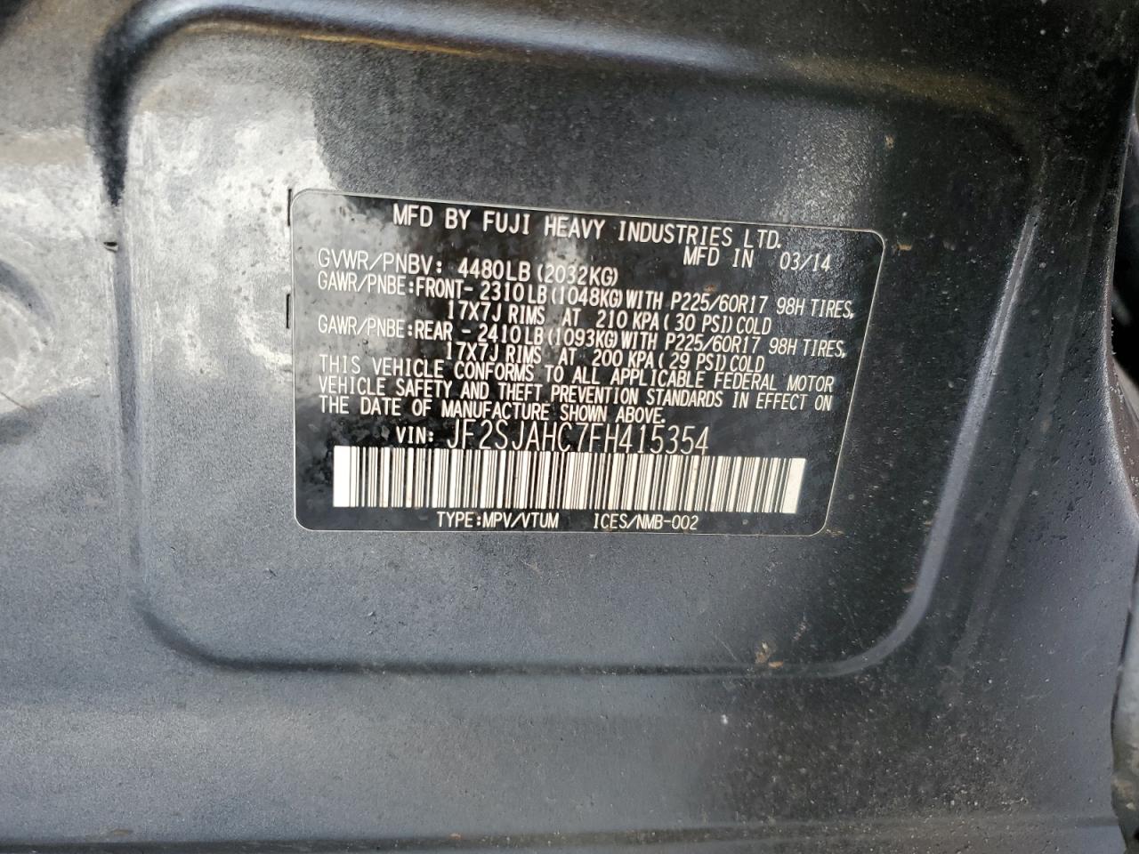 2015 Subaru Forester VIN JF2SJAHC7FH415354 Copart auction photo, all over damage thumbnail 12