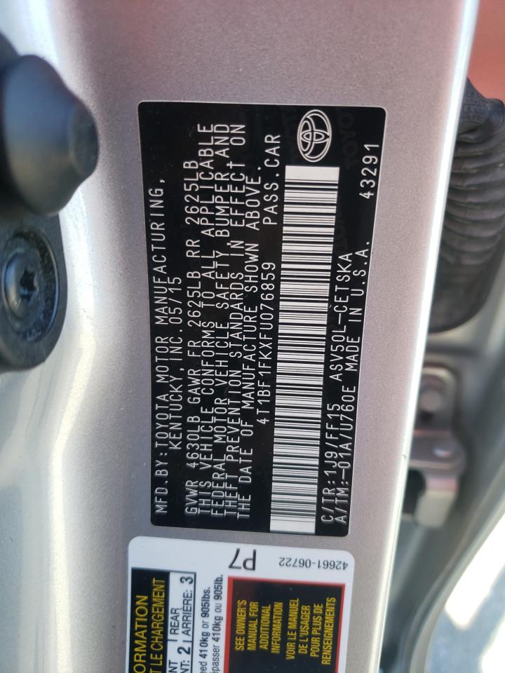 2015 Toyota Camry VIN 4T1BF1FKXFU076859 Copart auction photo, rear end damage thumbnail 14