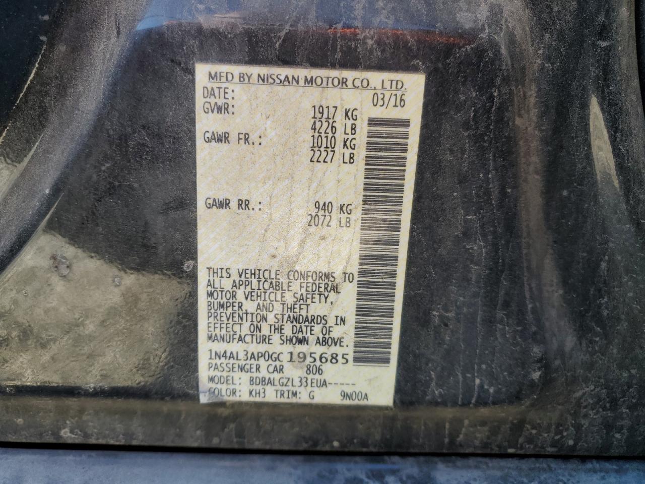 2016 Nissan Altima VIN 1N4AL3AP0GC195685 Copart auction photo, front end damage thumbnail 13