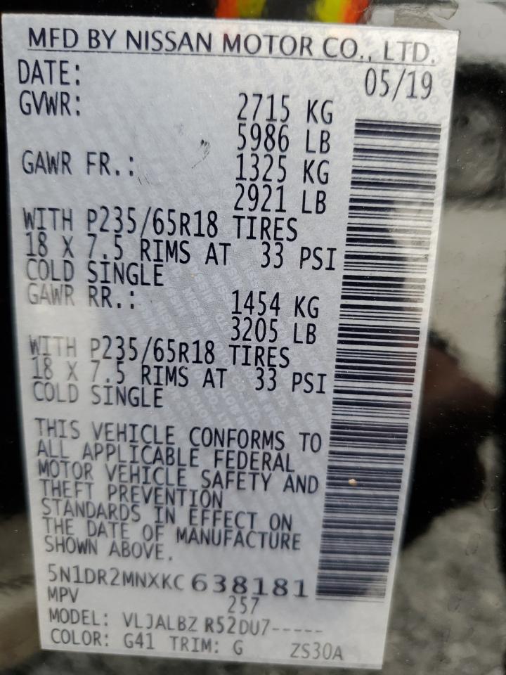 2019 Nissan Pathfinder VIN 5N1DR2MNXKC638181 Copart auction photo, front end / rear end damage thumbnail 13