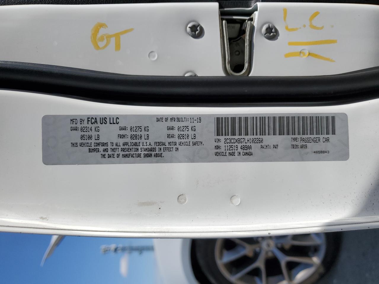 2020 Dodge Charger VIN 2C3CDXBG7LH102260 Copart auction photo, vandalism damage thumbnail 12