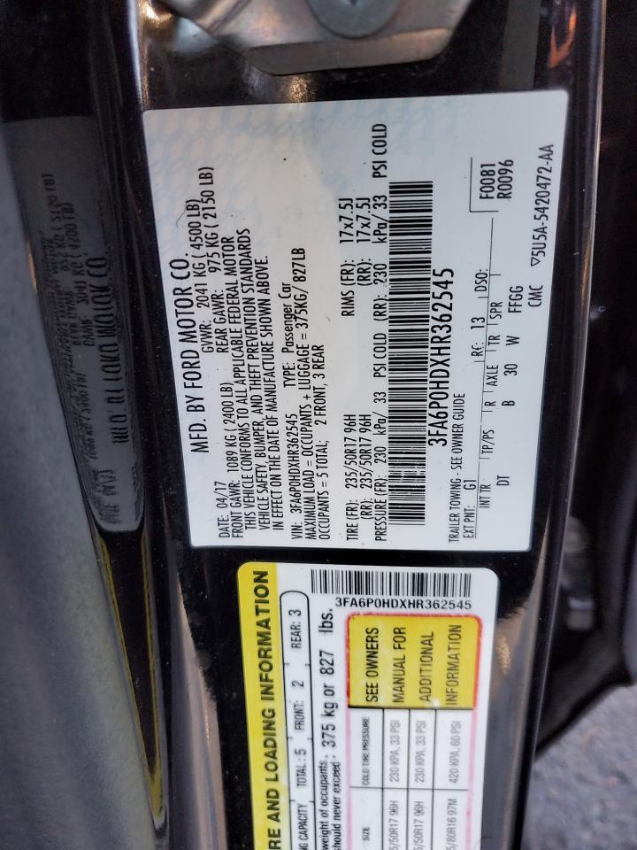 2017 Ford Fusion VIN 3FA6P0HDXHR362545 Copart auction photo, front end / minor dent/scratches damage thumbnail 13