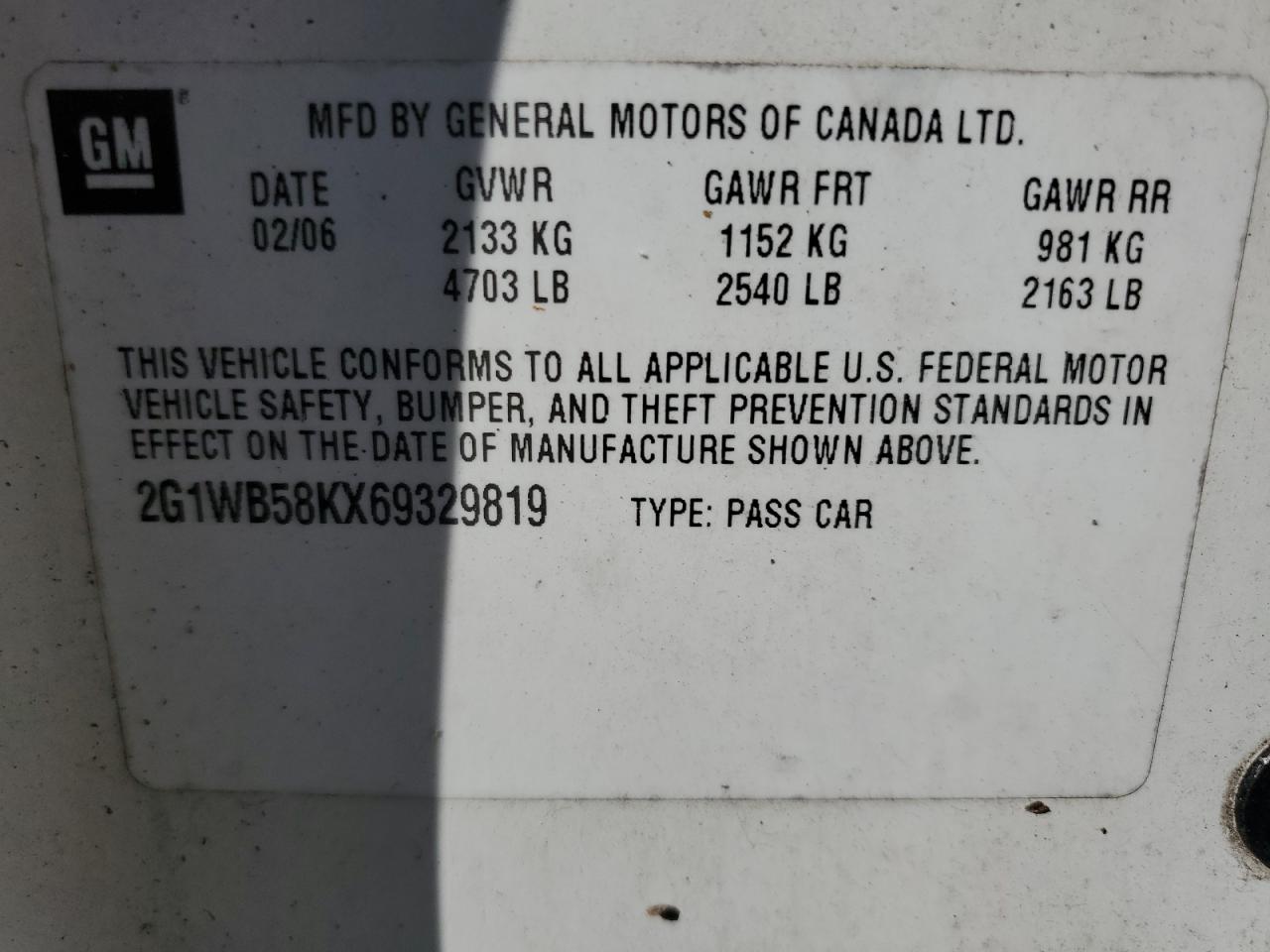 2006 Chevrolet Impala VIN 2G1WB58KX69329819 Copart auction photo, top/roof damage thumbnail 12