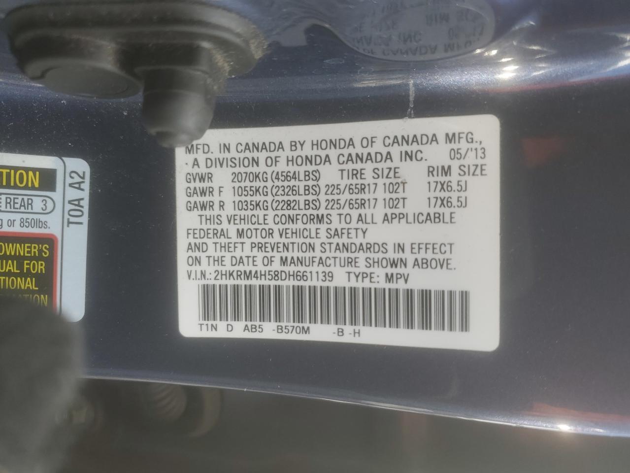 2013 Honda CR-V VIN 2HKRM4H58DH661139 Copart auction photo, front end damage thumbnail 13