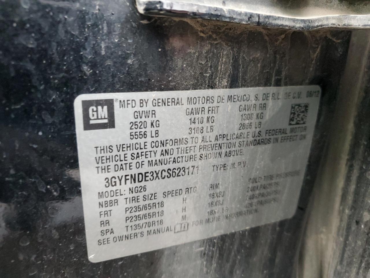 2012 Cadillac SRX VIN 3GYFNDE3XCS623171 Copart auction photo, burn damage thumbnail 15