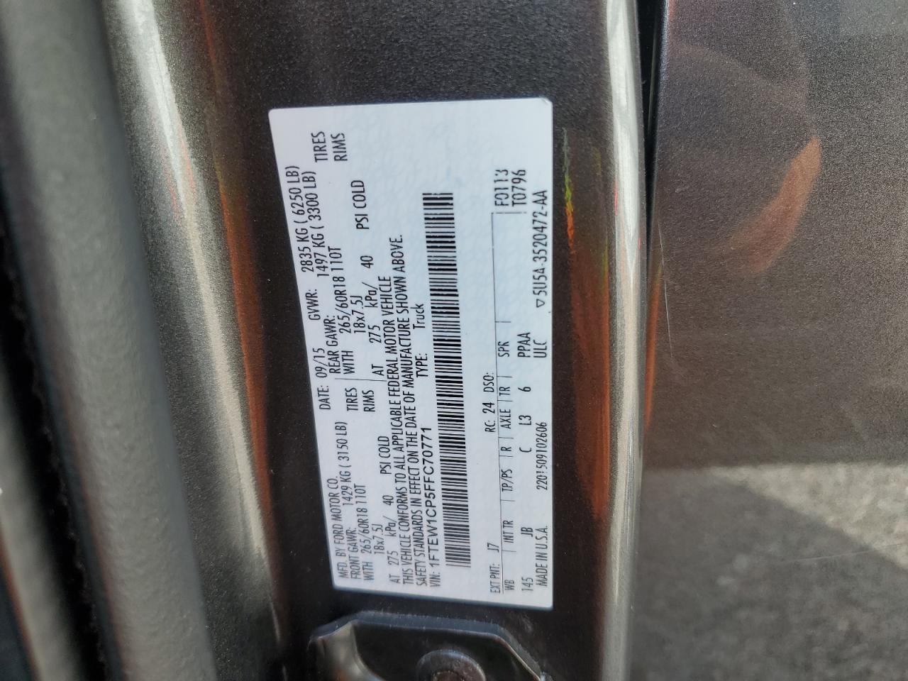 2015 Ford F-150 VIN 1FTEW1CP5FFC70771 Copart auction photo, rear end / front end damage thumbnail 13
