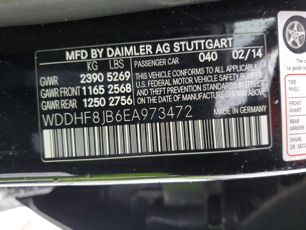 2014 Mercedes-Benz E-klasse VIN WDDHF8JB6EA973472 Copart auction photo, rear end / front end damage thumbnail 12