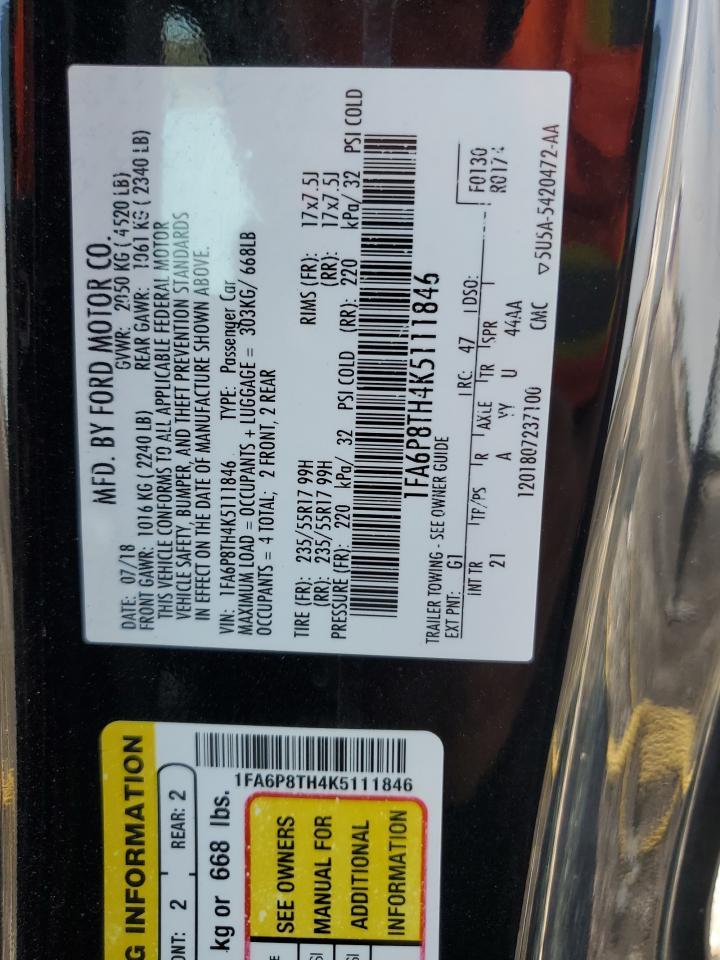 2019 Ford Mustang VIN 1FA6P8TH4K5111846 Copart auction photo, mechanical / front end damage thumbnail 12