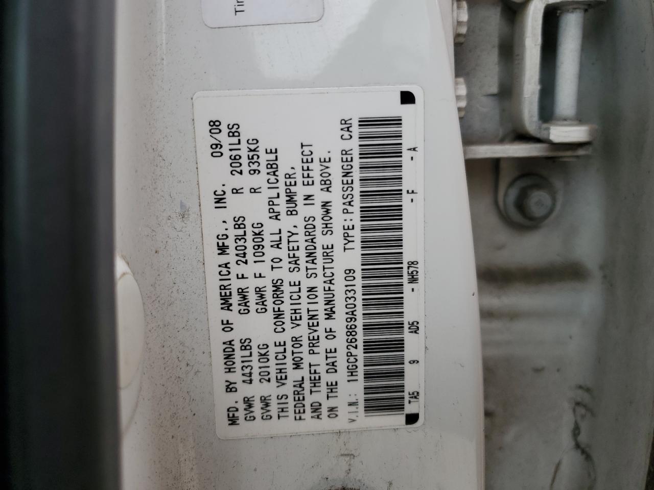 2009 Honda Accord VIN 1HGCP26869A033109 Copart auction photo, side damage thumbnail 12