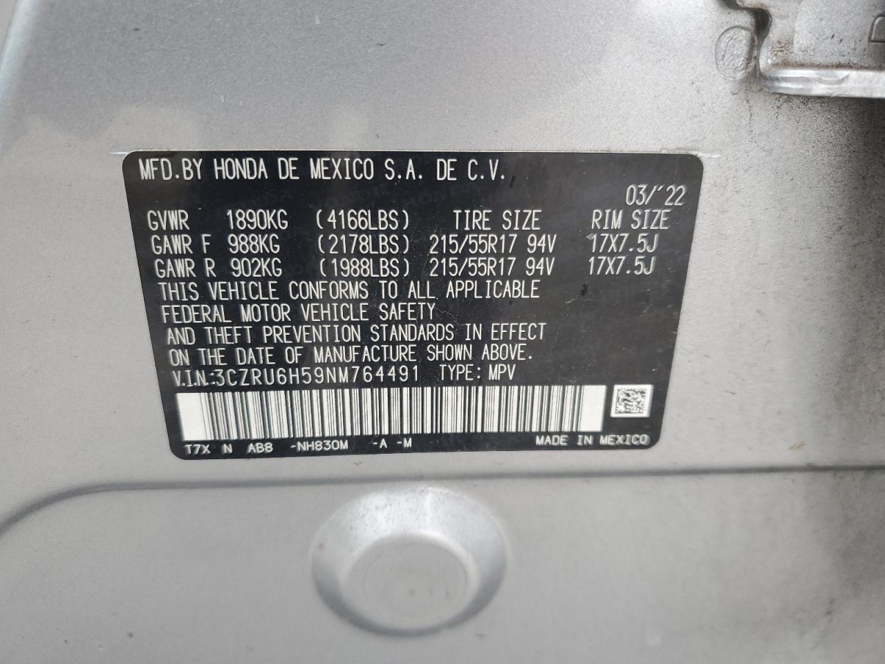 2022 Honda HR-V VIN 3CZRU6H59NM764491 Copart auction photo, side damage thumbnail 15