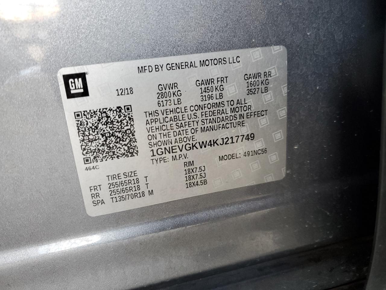 2019 Chevrolet Traverse VIN 1GNEVGKW4KJ217749 Copart auction photo, front end damage thumbnail 13