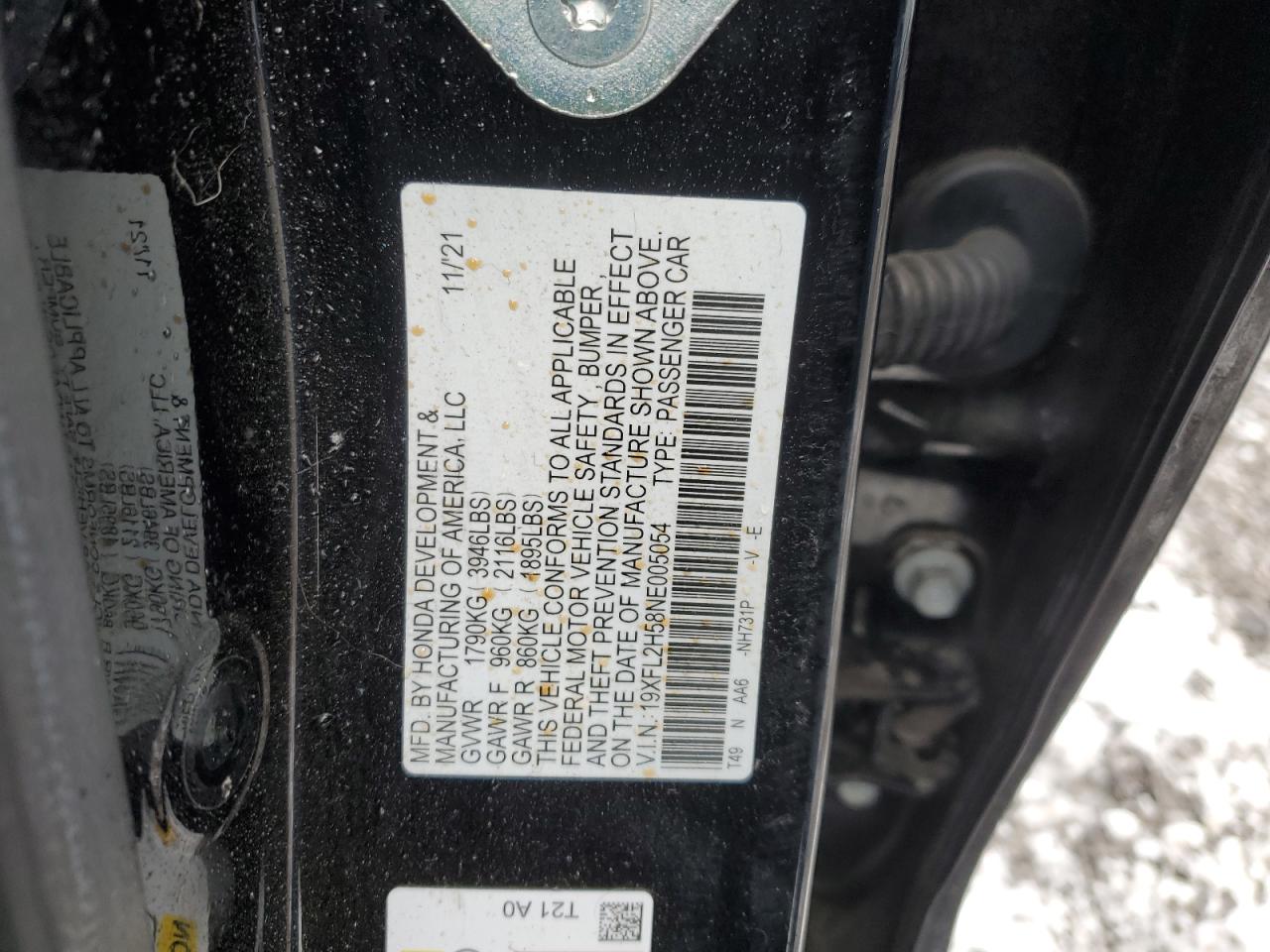 2022 Honda Civic VIN 19XFL2H58NE005054 Copart auction photo, front end damage thumbnail 14