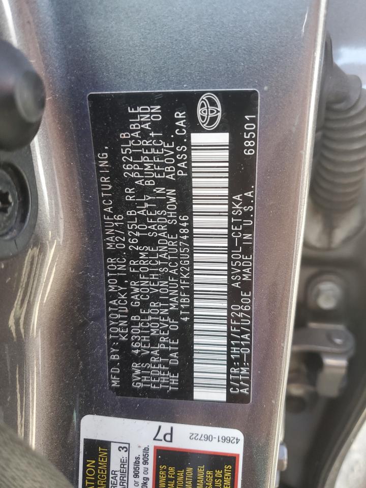 2016 Toyota Camry VIN 4T1BF1FK2GU574846 Copart auction photo, front end / side damage thumbnail 13