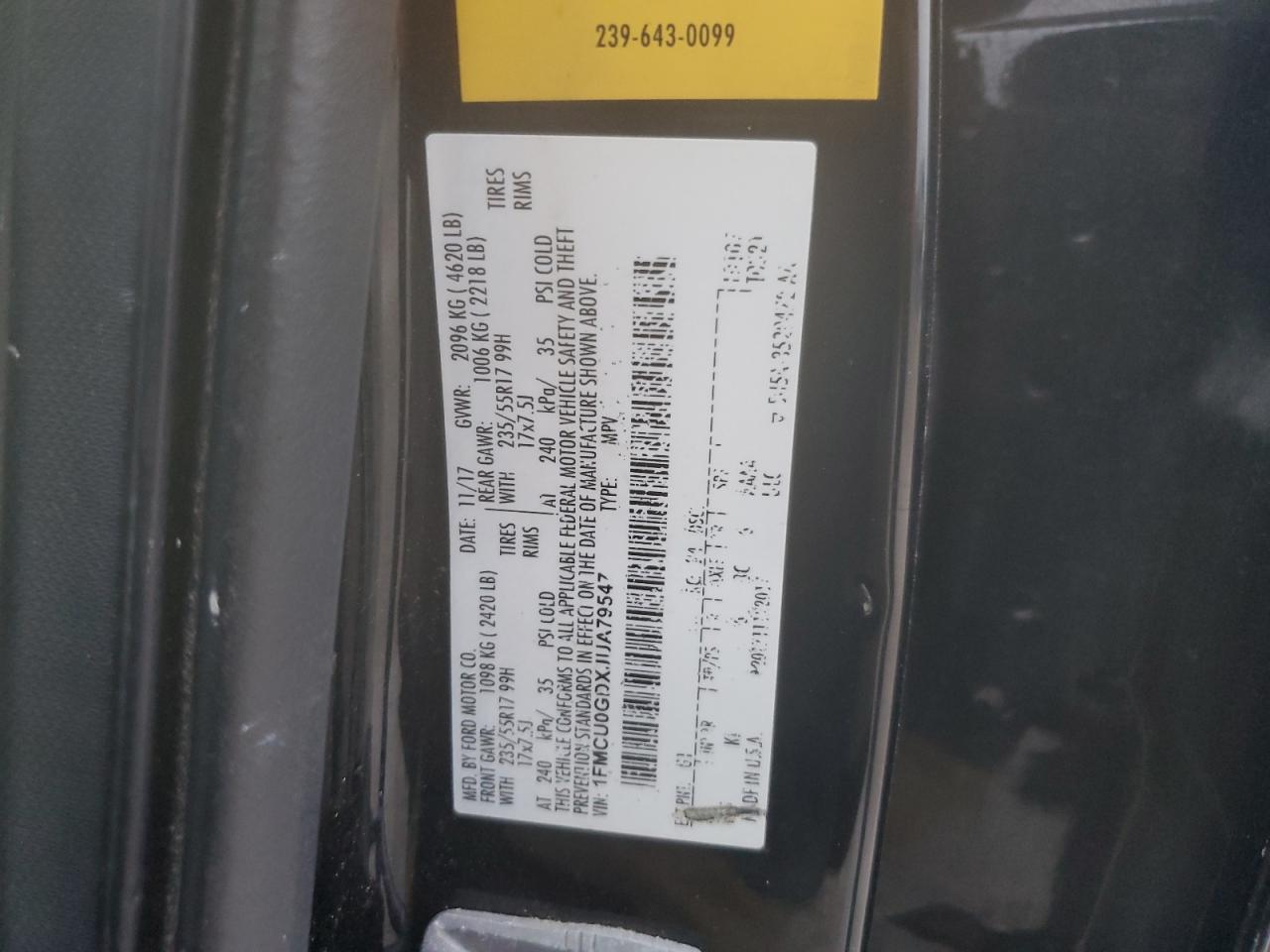 2018 Ford Escape VIN 1FMCU0GDXJUA79547 Copart auction photo, water/flood damage thumbnail 14
