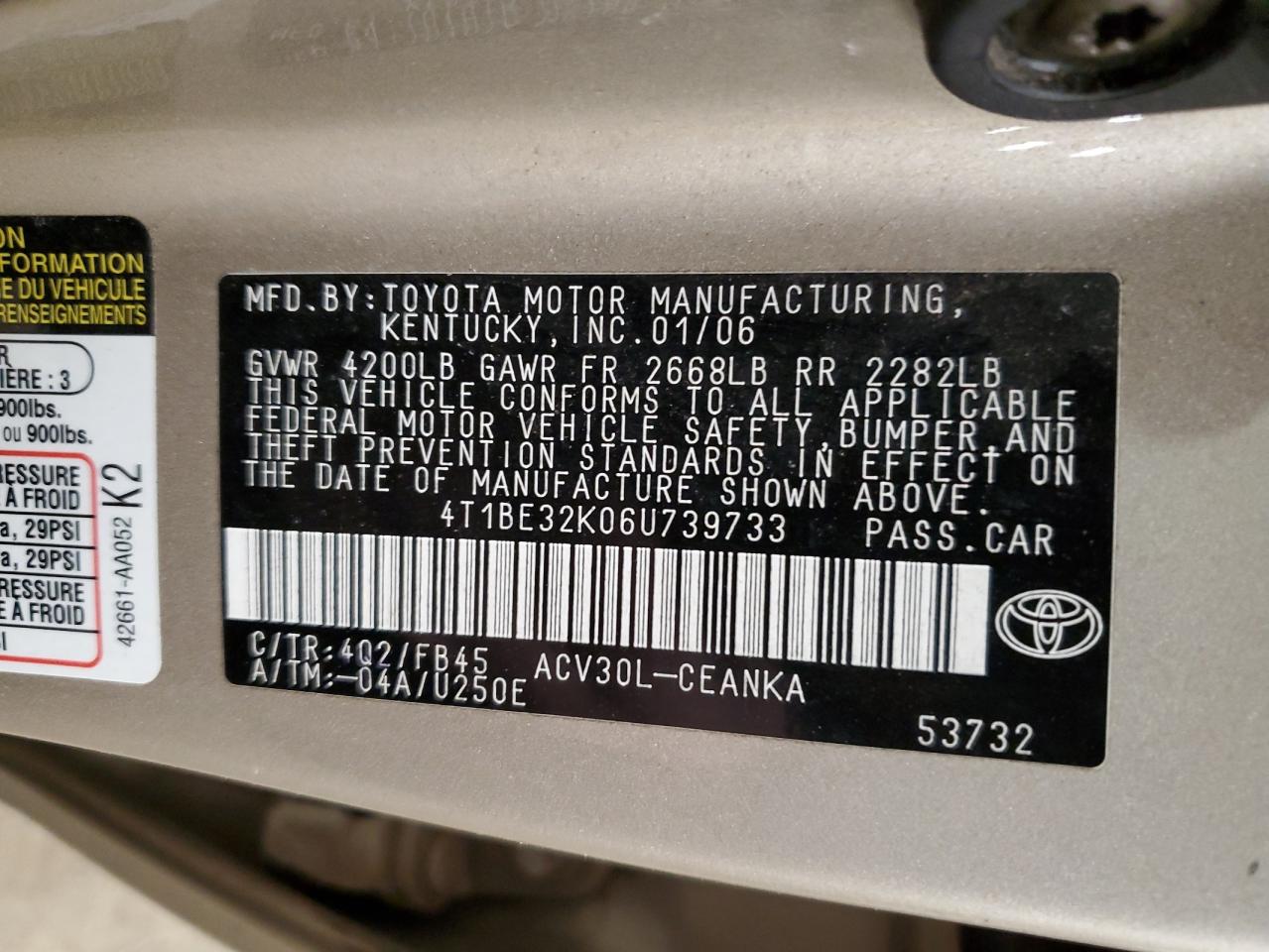 2006 Toyota Camry VIN 4T1BE32K06U739733 Copart auction photo, frame damage / front end damage thumbnail 12